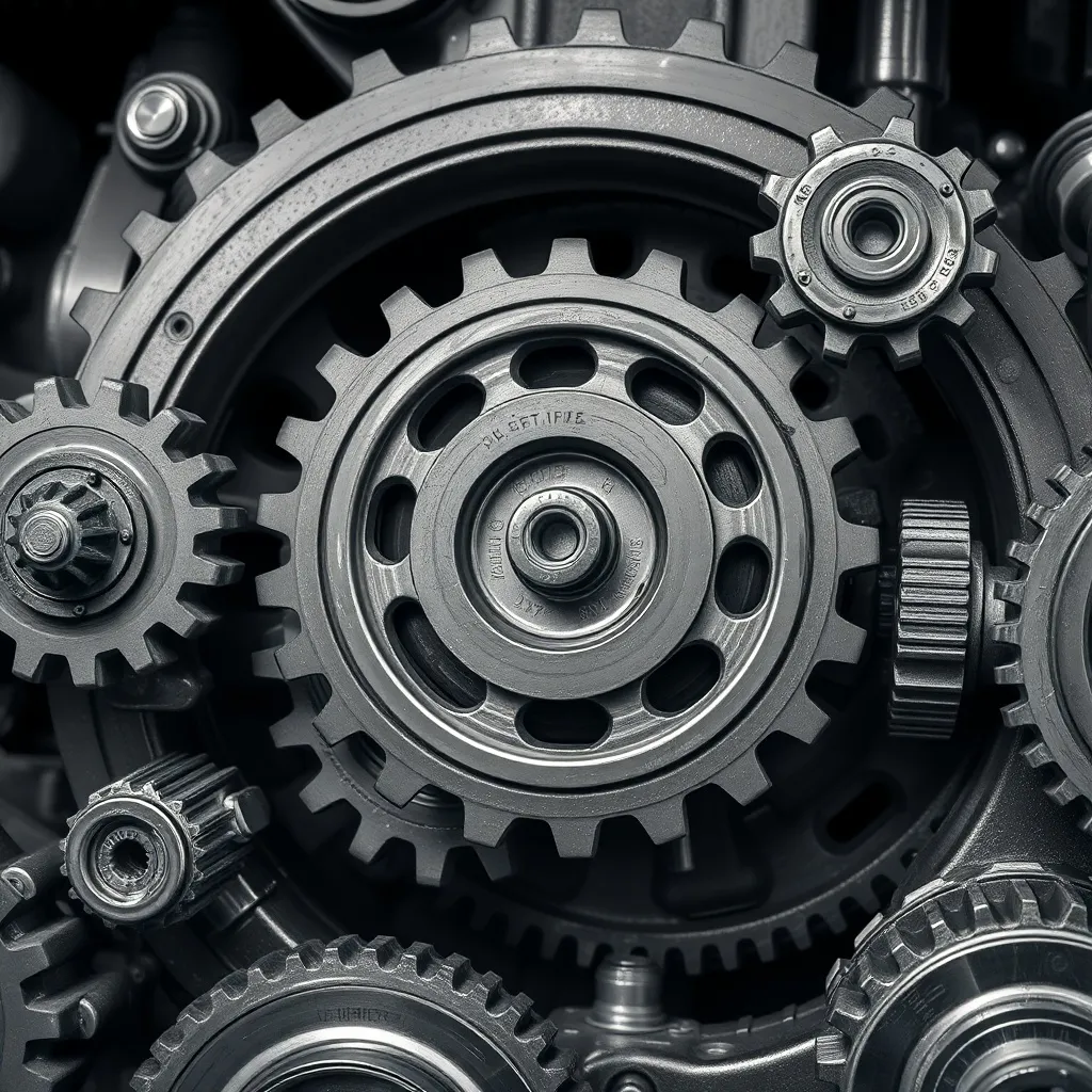 Industrial machinery gears and mechanical parts in grayscale